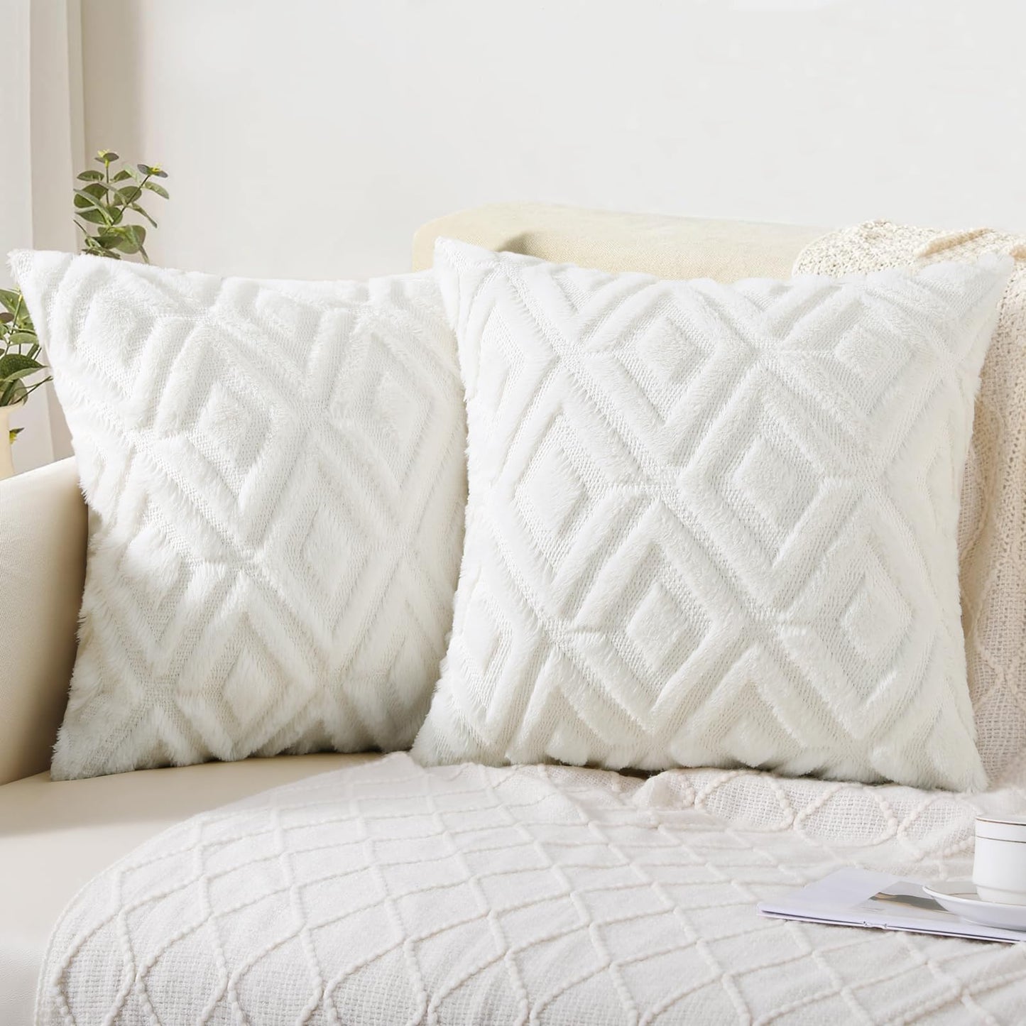 Pallene Plush Faux Fur Pillow Covers 20x20 - Cream White Set of 2